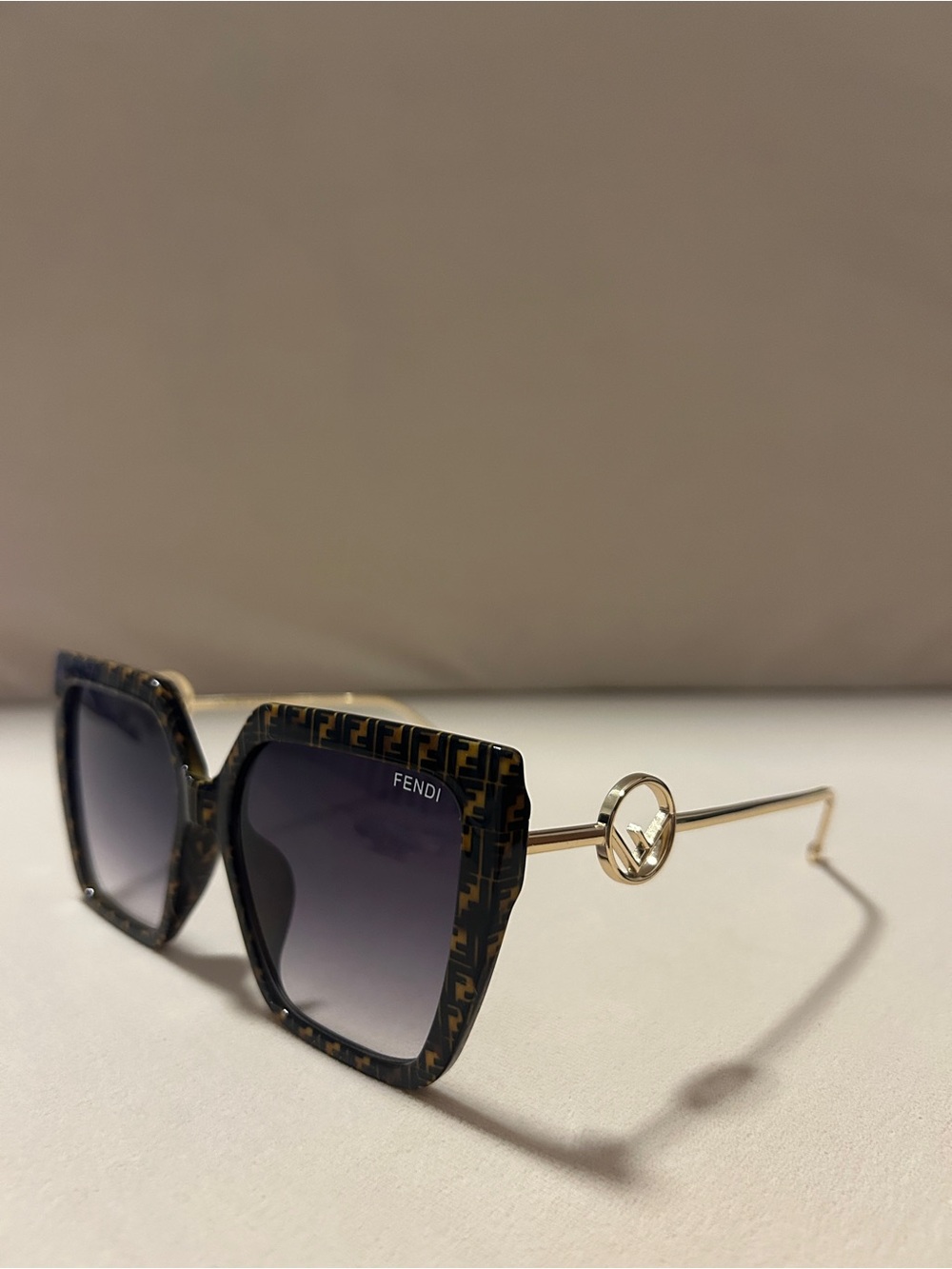 Fendi Black/Brown FF Pattern Square Sunglasses with Gold Arms